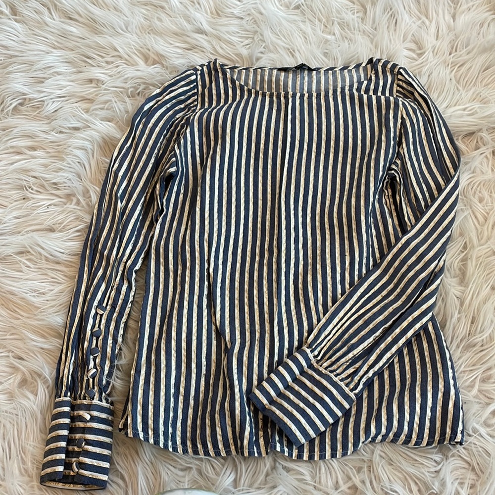 Express Blouse navy with gold stripes!